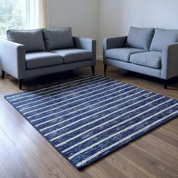 9' X 12' Navy Blue And Ivory Striped Washable Area Rug With UV Protection