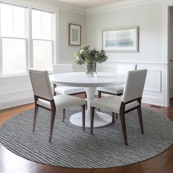 8' Gray And Ivory Striped Washable Round Rug With UV Protection
