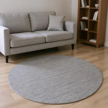 8' Gray And Ivory Striped Washable Round Rug With UV Protection