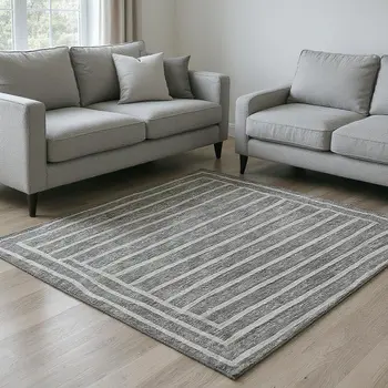 9' X 12' Gray And Ivory Striped Washable Area Rug With UV Protection