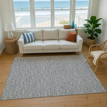 10' X 14' Gray And Ivory Striped Washable Area Rug With UV Protection