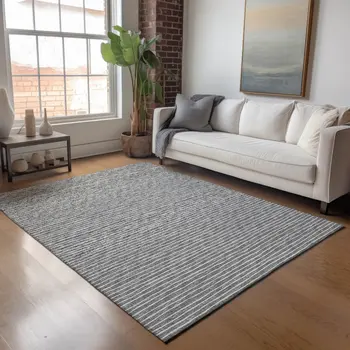 10' X 14' Gray And Ivory Striped Washable Area Rug With UV Protection