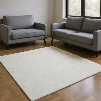 5' X 8' Linen And Ivory Geometric Washable Area Rug With UV Protection