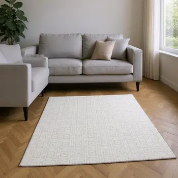 8' X 10' Linen And Ivory Geometric Washable Area Rug With UV Protection