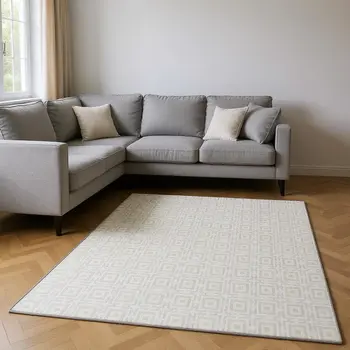 9' X 12' Linen And Ivory Geometric Washable Area Rug With UV Protection