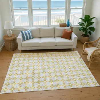 5' X 8' Gold And Ivory Geometric Washable Area Rug With UV Protection