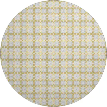 8' Gold And Ivory Geometric Washable Round Rug With UV Protection