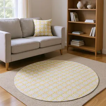 8' Gold And Ivory Geometric Washable Round Rug With UV Protection
