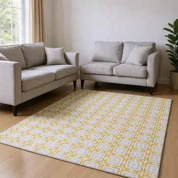 8' X 10' Gold And Ivory Geometric Washable Area Rug With UV Protection