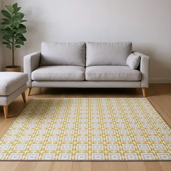 9' X 12' Gold And Ivory Geometric Washable Area Rug With UV Protection