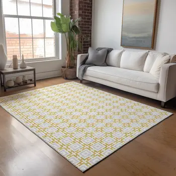 10' X 14' Gold And Ivory Geometric Washable Area Rug With UV Protection
