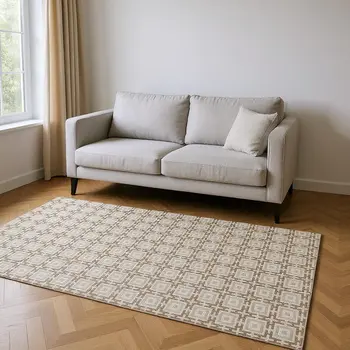 5' X 8' Taupe And Beige Geometric Washable Area Rug With UV Protection