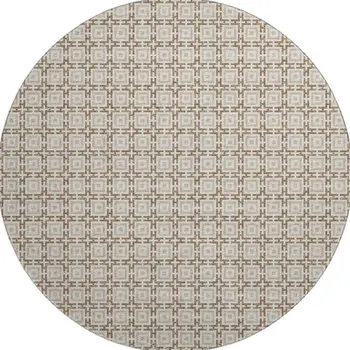 8' Taupe And Beige Geometric Washable Round Rug With UV Protection