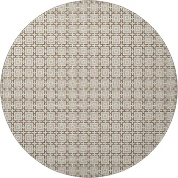 8' Taupe And Beige Geometric Washable Round Rug With UV Protection