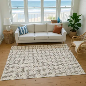 8' X 10' Taupe And Beige Geometric Washable Area Rug With UV Protection