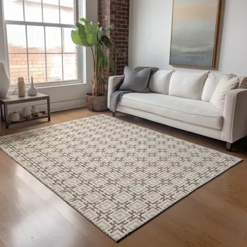 8' X 10' Taupe And Beige Geometric Washable Area Rug With UV Protection