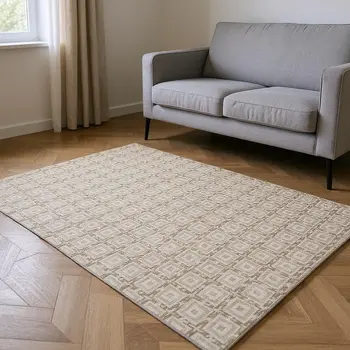 8' X 10' Taupe And Beige Geometric Washable Area Rug With UV Protection