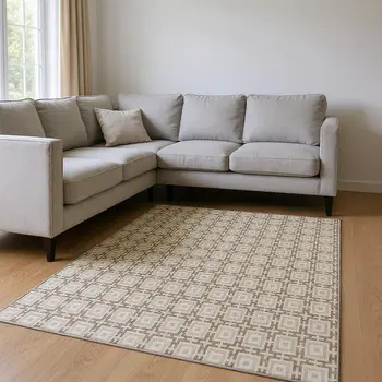 9' X 12' Taupe And Beige Geometric Washable Area Rug With UV Protection