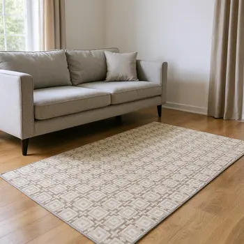 10' X 14' Taupe And Beige Geometric Washable Area Rug With UV Protection