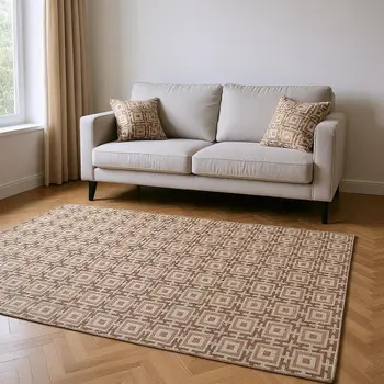 5' X 8' Rust And Beige Geometric Washable Area Rug With UV Protection