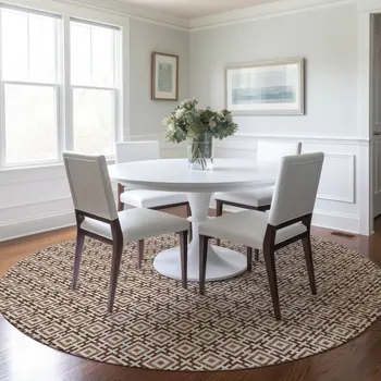 8' Rust And Beige Geometric Washable Round Rug With UV Protection