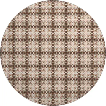 8' Rust And Beige Geometric Washable Round Rug With UV Protection