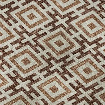 8' Rust And Beige Geometric Washable Round Rug With UV Protection