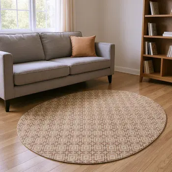 8' Rust And Beige Geometric Washable Round Rug With UV Protection
