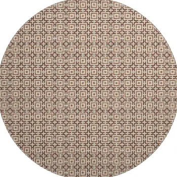 8' Rust And Beige Geometric Washable Round Rug With UV Protection