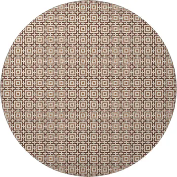 8' Rust And Beige Geometric Washable Round Rug With UV Protection