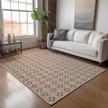 8' X 10' Rust And Beige Geometric Washable Area Rug With UV Protection