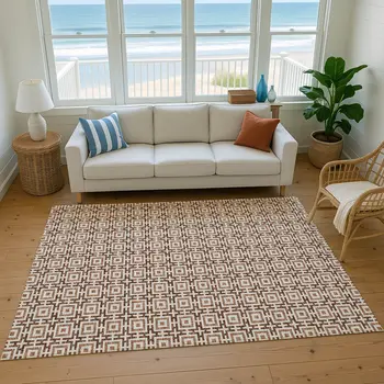 8' X 10' Rust And Beige Geometric Washable Area Rug With UV Protection