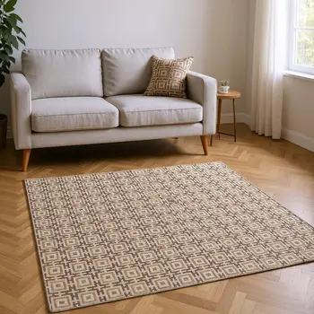 10' X 14' Rust And Beige Geometric Washable Area Rug With UV Protection