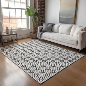 3' X 5' Black And Ivory Geometric Washable Area Rug With UV Protection