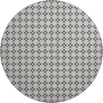 8' Black And Ivory Geometric Washable Round Rug With UV Protection