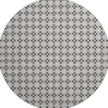 8' Black And Ivory Geometric Washable Round Rug With UV Protection