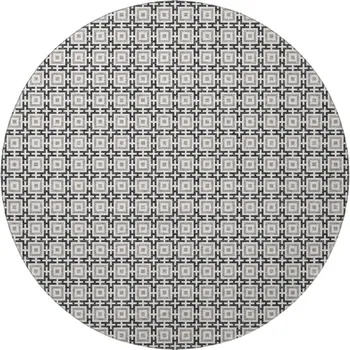 8' Black And Ivory Geometric Washable Round Rug With UV Protection