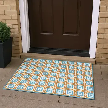 3' X 5' Orange And Teal Blue Geometric Washable Area Rug With UV Protection