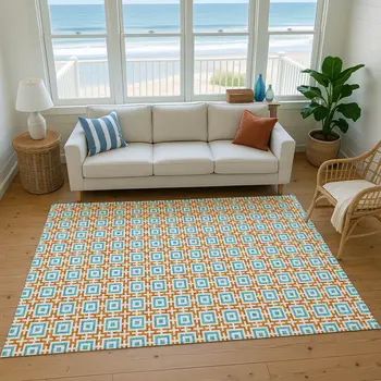 5' X 8' Orange And Teal Blue Geometric Washable Area Rug With UV Protection