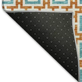 8' Orange And Teal Blue Geometric Washable Round Rug With UV Protection