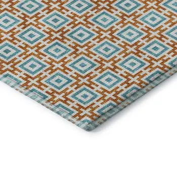 8' Orange And Teal Blue Geometric Washable Round Rug With UV Protection