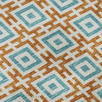8' Orange And Teal Blue Geometric Washable Round Rug With UV Protection