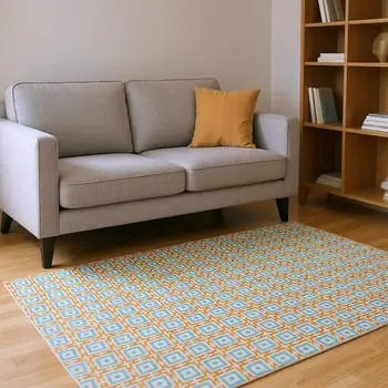 8' Orange And Teal Blue Geometric Washable Round Rug With UV Protection