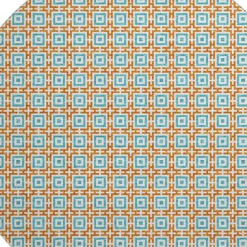 8' Orange And Teal Blue Geometric Washable Round Rug With UV Protection