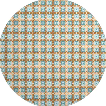 8' Orange And Teal Blue Geometric Washable Round Rug With UV Protection