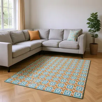 8' X 10' Orange And Teal Blue Geometric Washable Area Rug With UV Protection