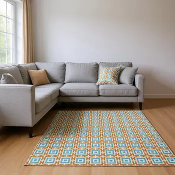 9' X 12' Orange And Teal Blue Geometric Washable Area Rug With UV Protection