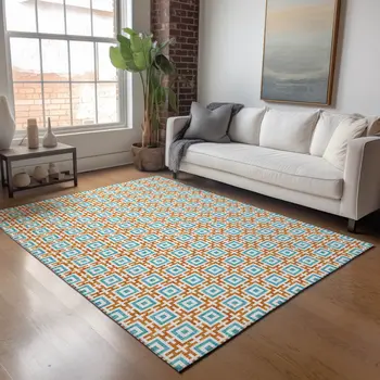 10' X 14' Orange And Teal Blue Geometric Washable Area Rug With UV Protection