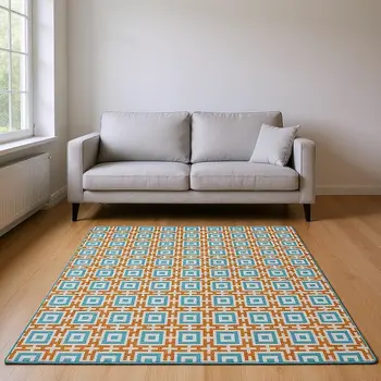 10' X 14' Orange And Teal Blue Geometric Washable Area Rug With UV Protection