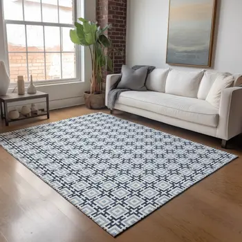 3' X 5' Navy Blue And Ivory Geometric Washable Area Rug With UV Protection